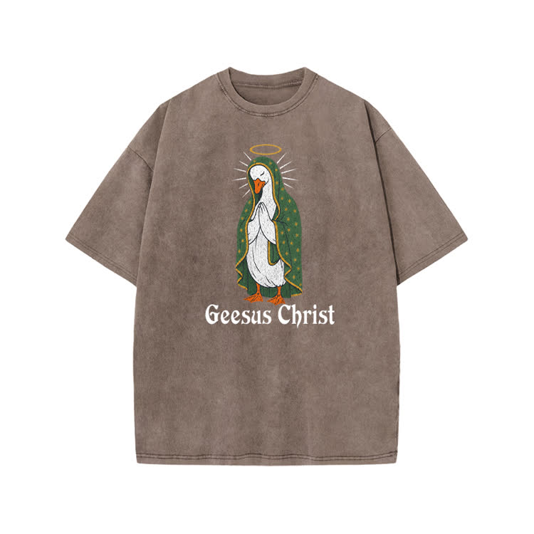 Geesus Christ Halo Goose Graphic Print Acid Washed T-shirt - Coffee - US20-22(3XL) - image 8
