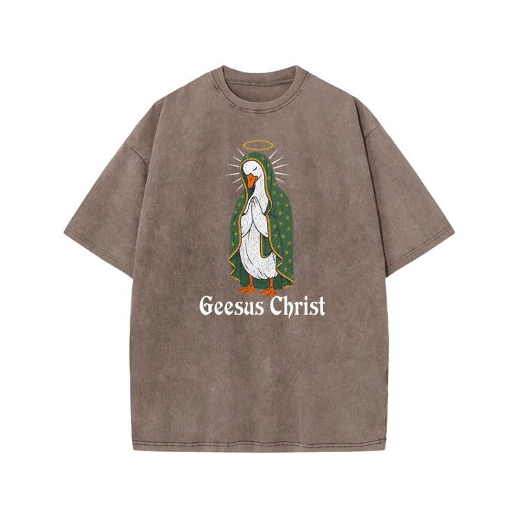 Geesus Christ Halo Goose Graphic Print Acid Washed T-shirt - Coffee - US20-22(3XL) - image 8