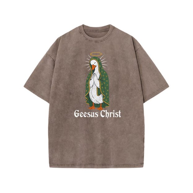 Geesus Christ Halo Goose Graphic Print Acid Washed T-shirt - Coffee - US20-22(3XL) - image 8