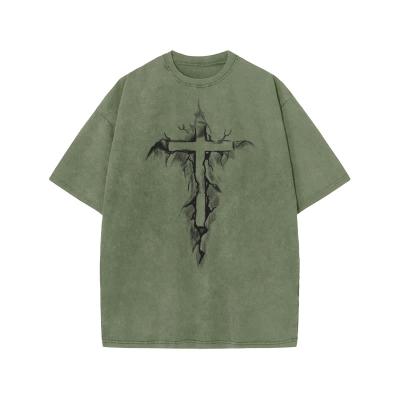 Unisex 100% Cotton Cross In The Crack Print Acid Washed T-shirt - Army Green - US20-22(3XL) - image 5