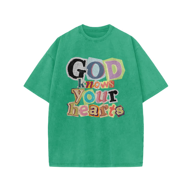 Unisex God Knows Your Hearts Print Acid Washed T-shirt - Green - US20-22(3XL) - image 6