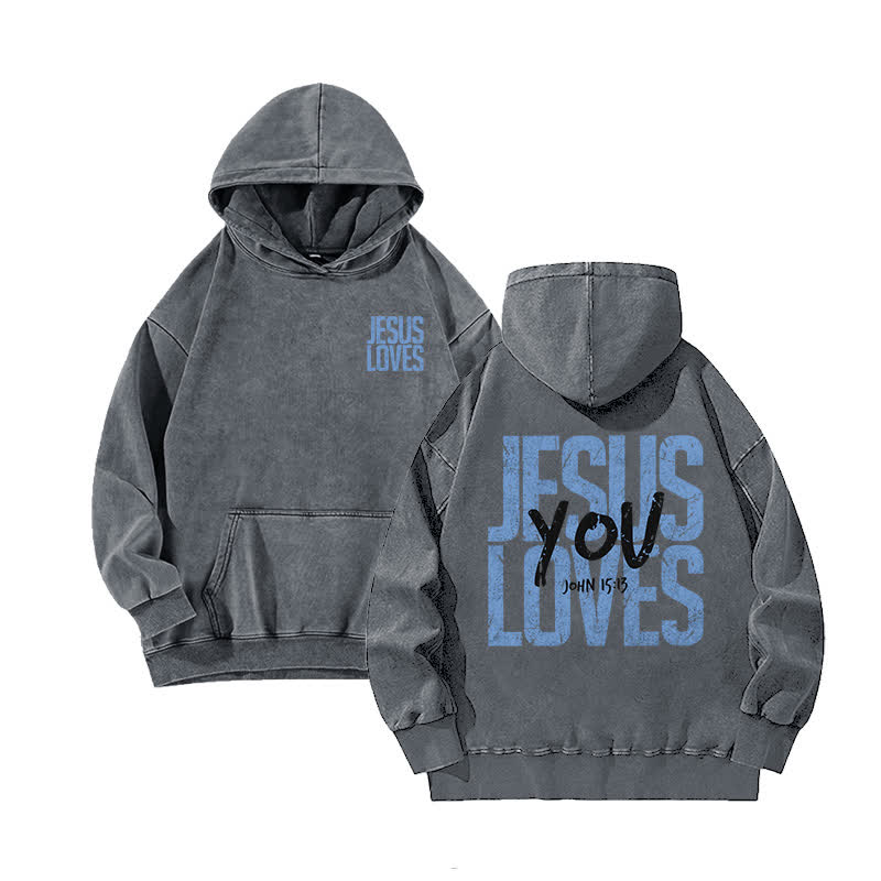 Unisex 100% Cotton Jesus Loves You Printed Washed Hoodie  - Grey - 3XL - image 3