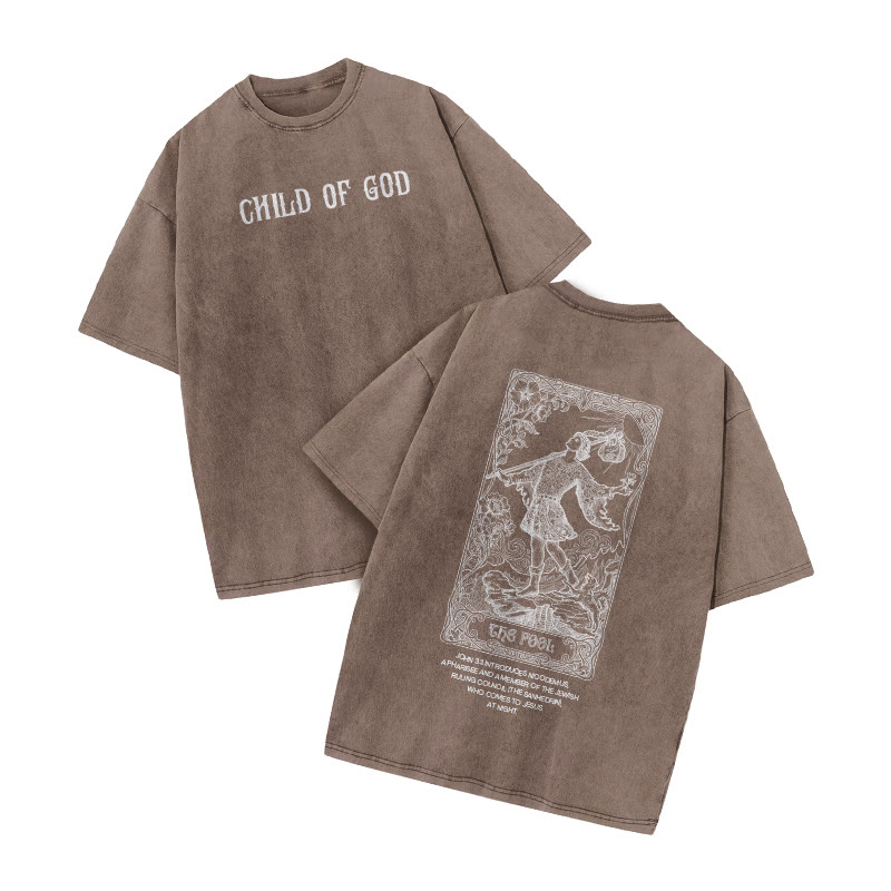 Child Of God Tarot The Fool Print Acid Washed T-shirt - Coffee - US20-22(3XL) - image 3