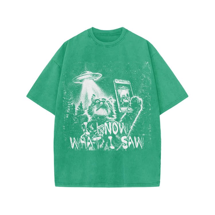 Vintage UFO Cat  I Know What I Saw Graphic Washed T-Shirt - Green - US20-22(3XL) - image 5