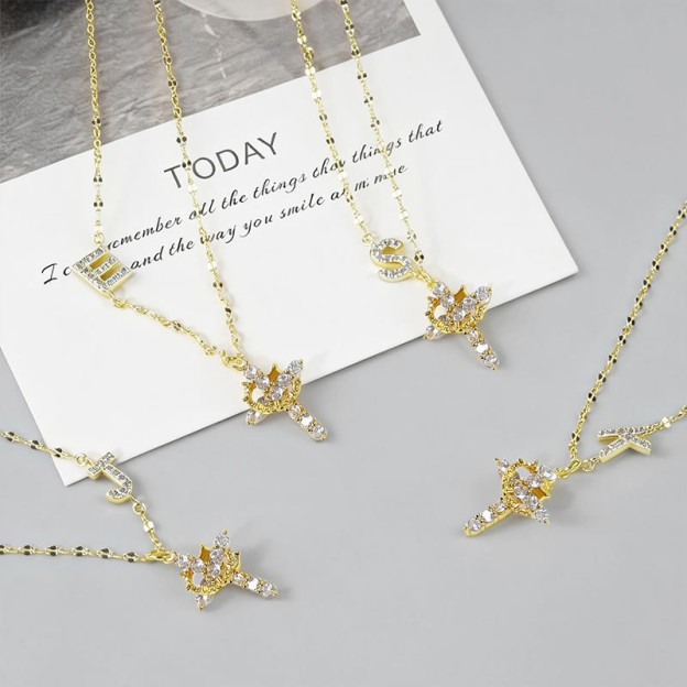 Rhinestone Letter Cross Pendant Necklace - image 3
