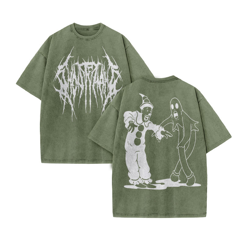 Unisex Clown And Ghost Print Acid Washed T-shirt - Army Green - US20-22(3XL) - image 8