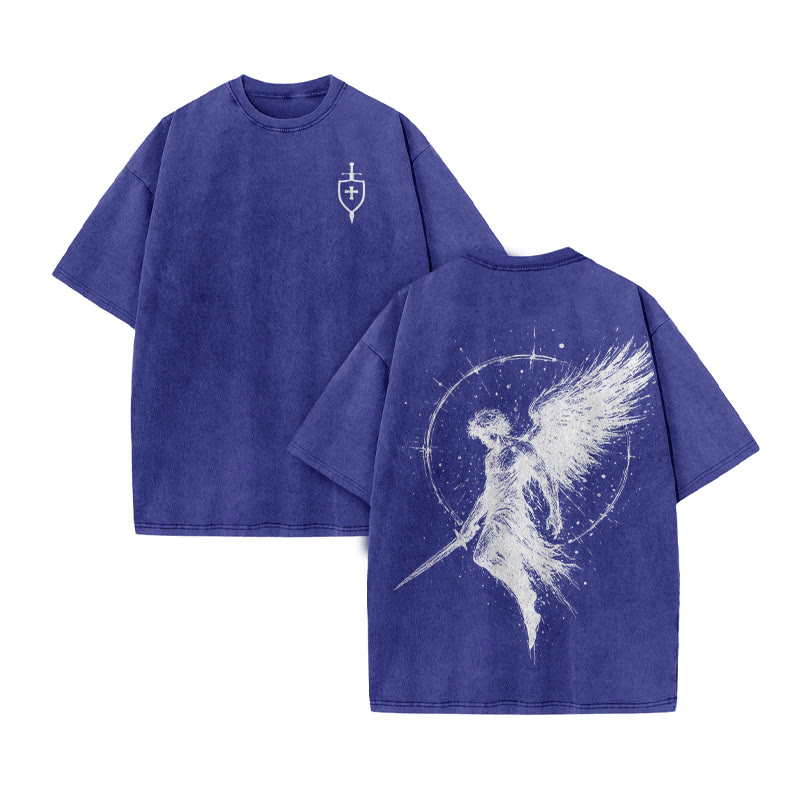 Unisex 100% Cotton Archangel Michael Print Acid Washed T-shirt - Blue - US20-22(3XL) - image 7