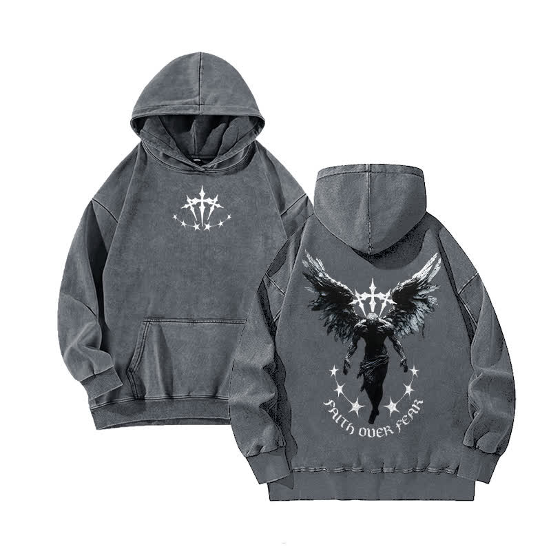 Unisex 100% Cotton Faith Over Fear Printed Washed Hoodie  - Grey - 3XL - image 3
