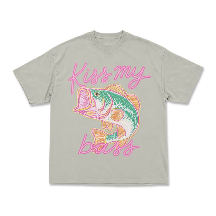 Casual Kiss My Bass Fish Graphic T-Shirt - Warm Grey - US16-18(2XL) - image 6