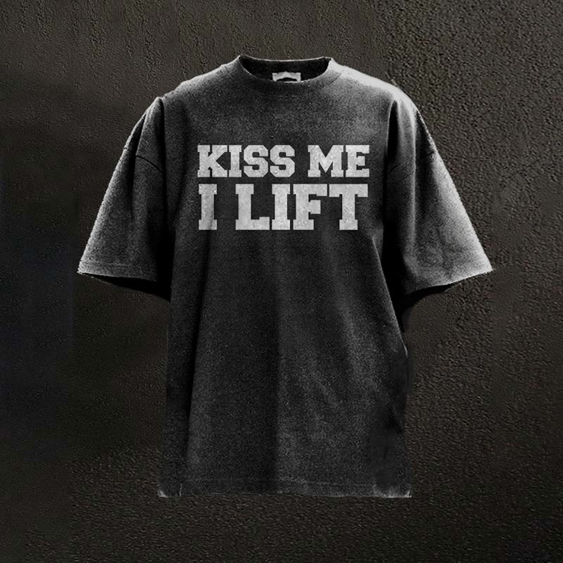 100% Cotton Kiss Me I Lift Printed Washed Gym T-shirt - Black - 2XL - image 3
