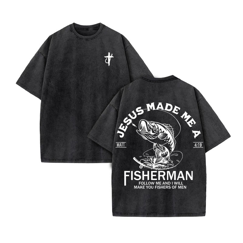 Unisex 100% Cotton Jesus Made Me A Fisherman  Print Acid Washed T-shirt - Black - US20-22(3XL) - image 4