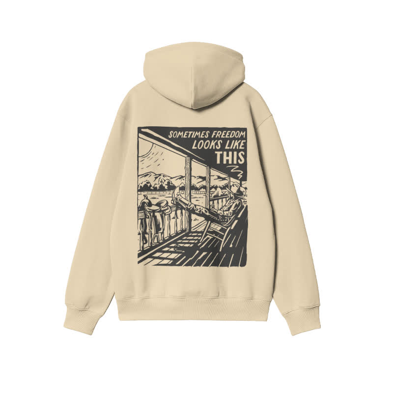 Unisex Western Leisure Time Print Hoodie - Apricot - 2XL - image 4