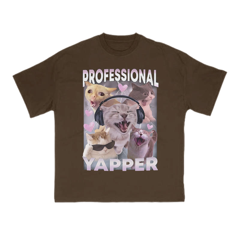 Unisex 100% Cotton Professional Yapper Cat Print T-shirt - Coffee - US16-18(2XL) - image 6