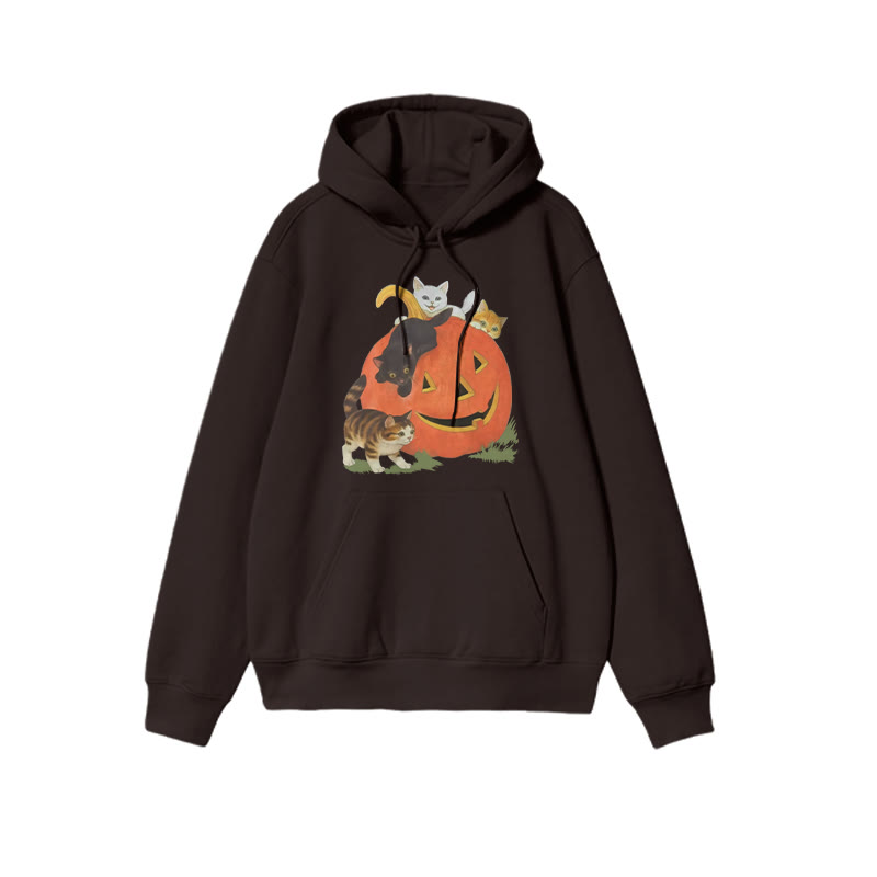 Unisex Cats Playing On Pumpkins Halloween Print Hoodie - Coffee - US16-18(2XL) - image 6