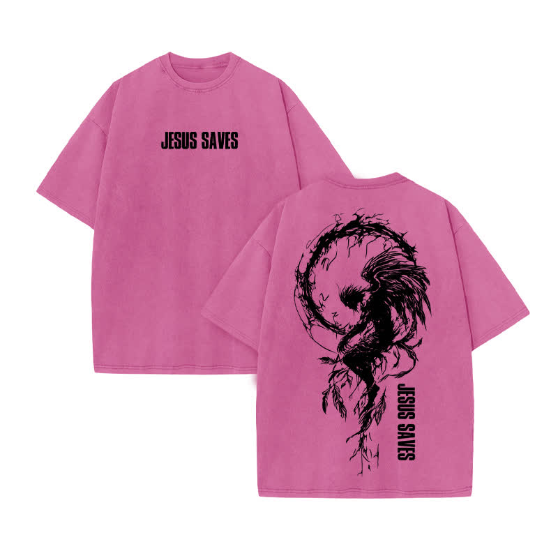 Unisex 100% Cotton Jesus Saves Print Acid Washed T-shirt - Pink - US20-22(3XL) - image 8