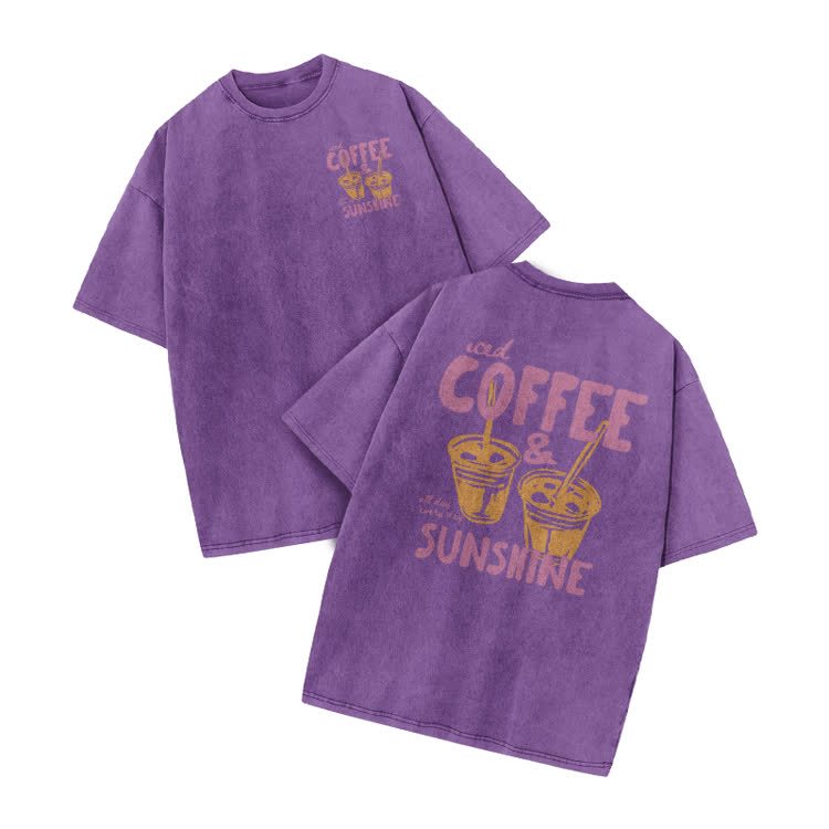 Vintage Coffee Sunshine Print Acid Washed T-Shirt - Purple - US20-22(3XL) - image 9