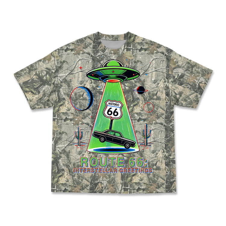 Vintage Route 66 UFO Graphic Camo T-Shirt - Army Green - 3XL - image 4