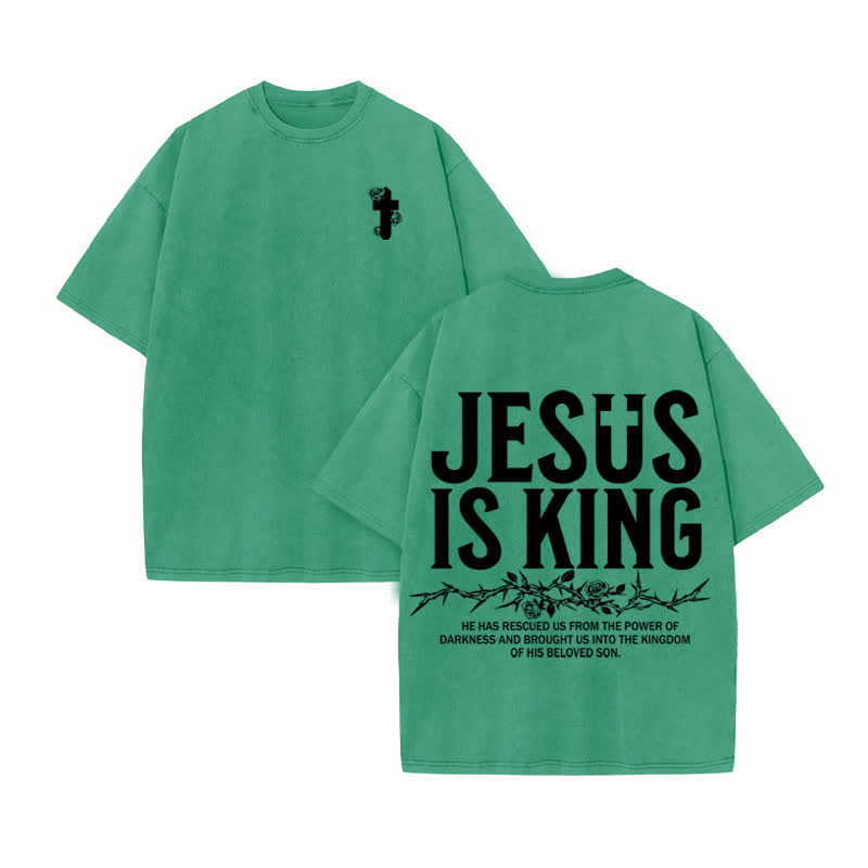 Unisex 100% Cotton Jesus Is King Flower Of Thorns Print Acid Washed T-shirt - Green - US20-22(3XL) - image 7