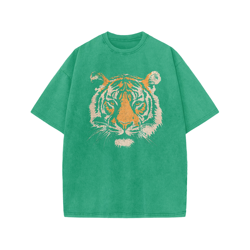Vintage Tiger Head Round Neck Graphic Print Acid Washed T-Shirt - Green - US20-22(3XL) - image 6