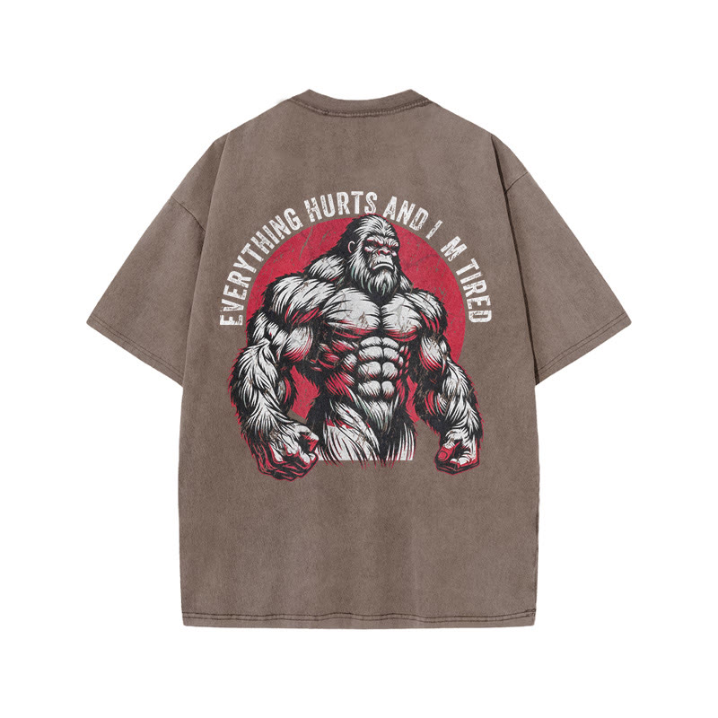 100% Cotton Everything Hurts And I'm Tired Gym Print Acid Washed T-shirt - Coffee - US20-22(3XL) - image 7