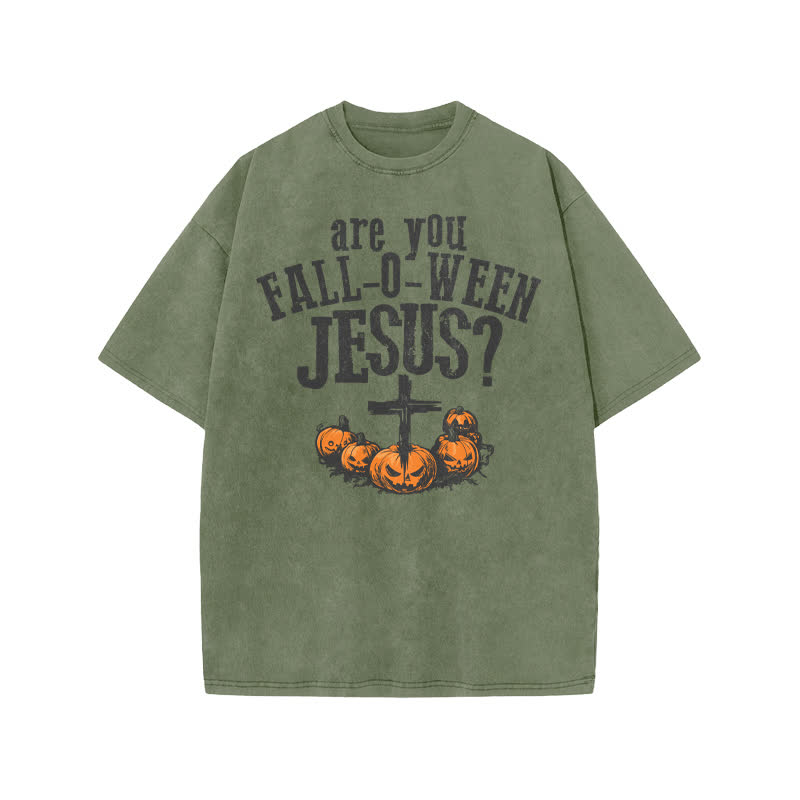 Unisex 100% Cotton Are You Falloween Jesus Print Acid Washed T-shirt - Army Green - US20-22(3XL) - image 5