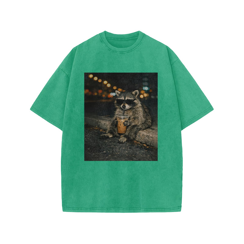 Raccoon Wearing Sunglasses Drinking Coffee Funny Print Acid Washed T-shirt - Green - US20-22(3XL) - image 8