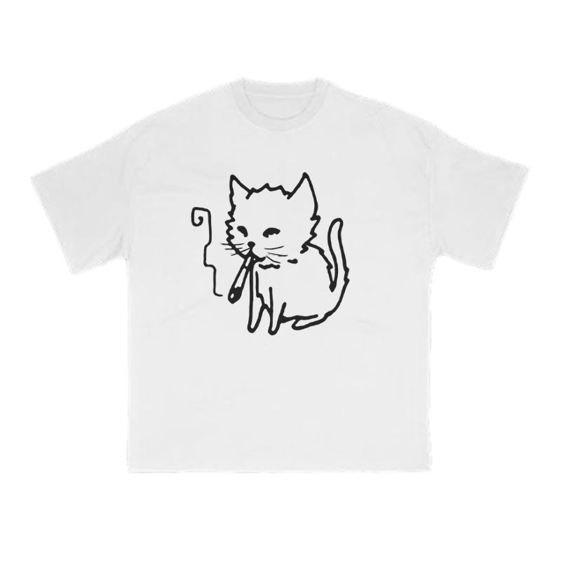 Unisex Smoking Cat Print T-shirt - White - US16-18(2XL) - image 3