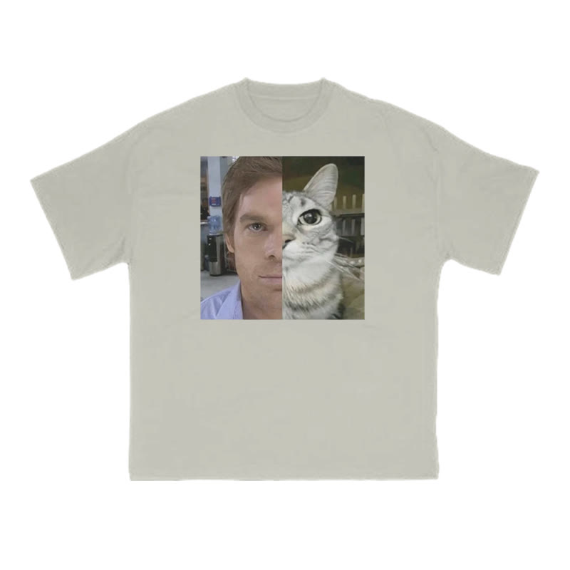 Unisex Patchwork Cat Print T-shirt - Warm Grey - US16-18(2XL) - image 4