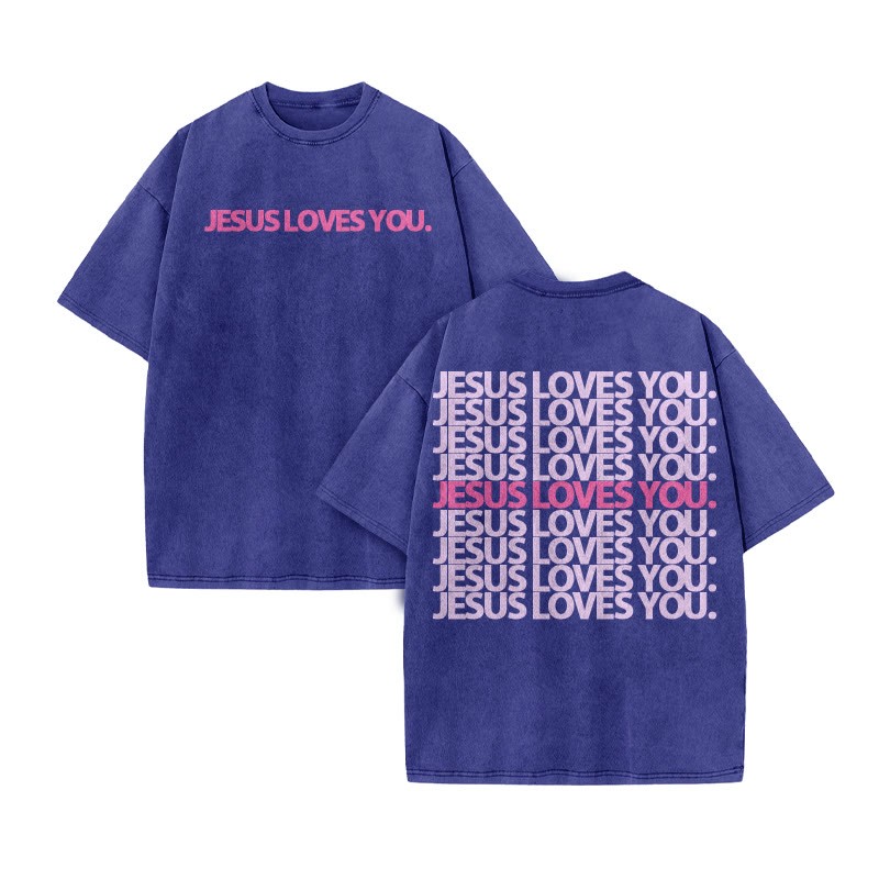 Jesus Loves You Color-blocking Print Acid Washed T-shirt - Blue - US20-22(3XL) - image 8
