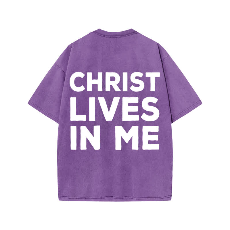 Unisex  Christ Lives In Me Print Acid Washed T-shirt - Purple - US20-22(3XL) - image 9
