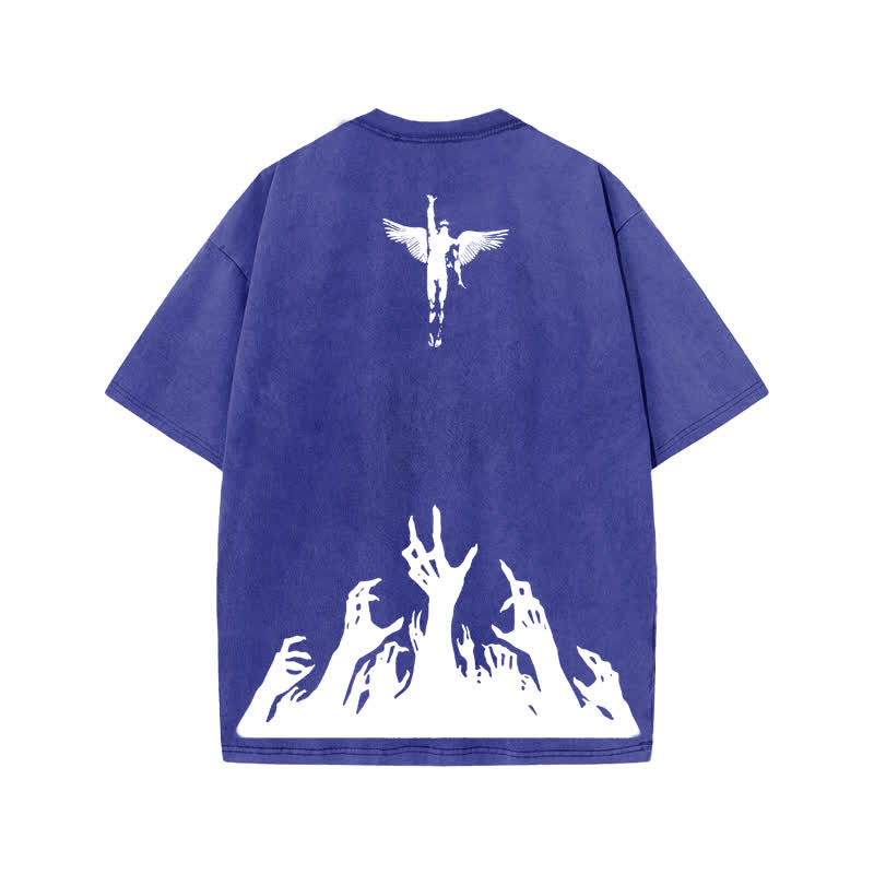 Unisex Faith Over Fear Print Acid Washed T-shirt - Blue - US20-22(3XL) - image 8