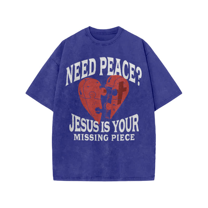 Unisex Cute Need Peace? Jesus Is Your Missing Piece Print Acid Washed T-shirt - Blue - US20-22(3XL) - image 8