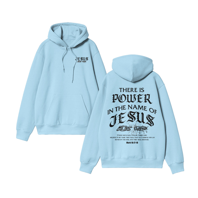 Unisex There Is Power In The Name Of Jesus Mark 16:17-18 Print Hoodie - Blue - US16-18(2XL) - image 8