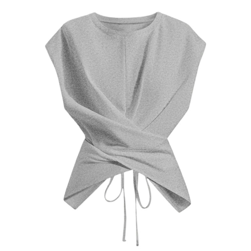 Solid Color Lace-up Sleeveless T-shirt - Grey - US24-26(3XL) - image 3