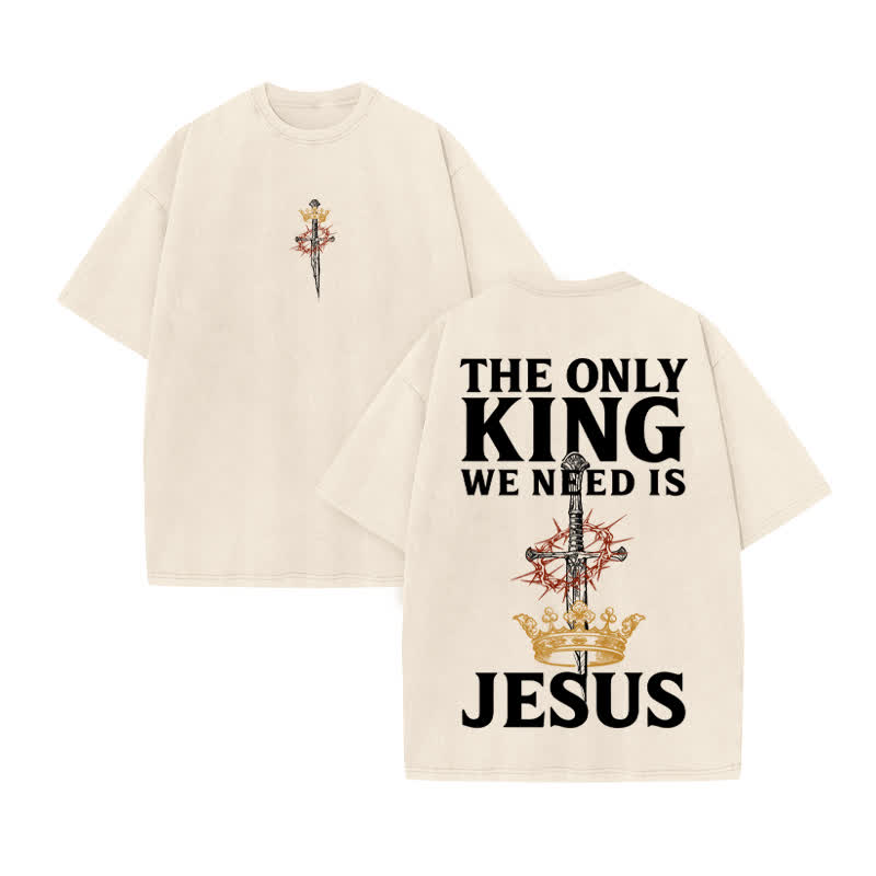 Unisex 100% Cotton JESUS IS THE ONLY KING Print Acid Washed T-shirt - Beige - US20-22(3XL) - image 3