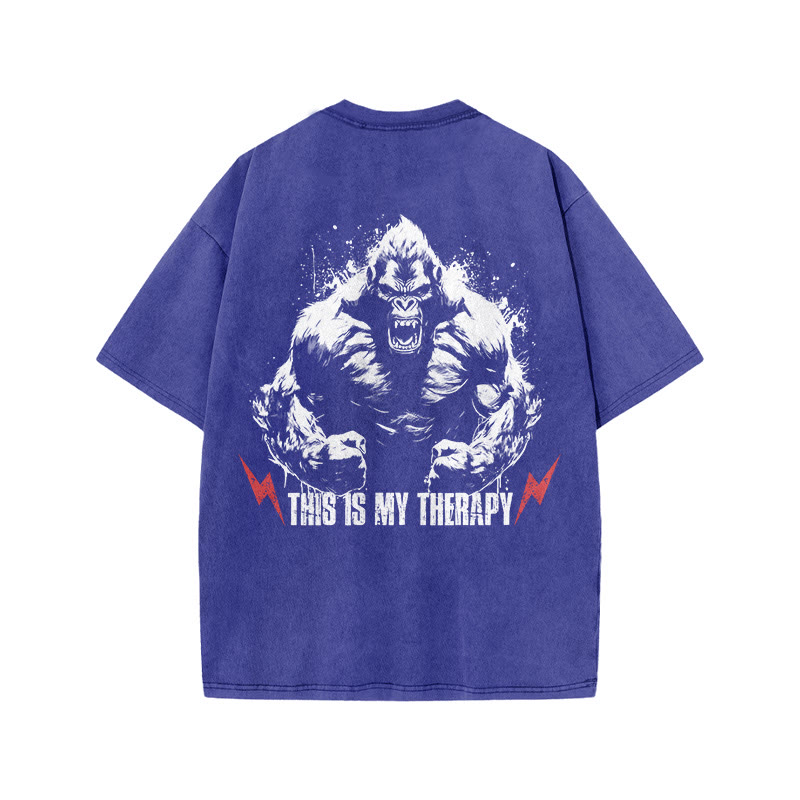 100% Cotton This Is My Therapy Gym Print Acid Washed T-shirt - Blue - US20-22(3XL) - image 9