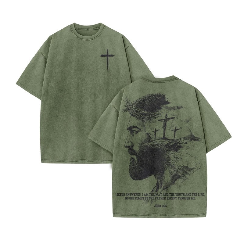 Jesus Answered, I Am The Way And The Truth And The Life Print Acid Washed T-shirt - Army Green - US20-22(3XL) - image 8