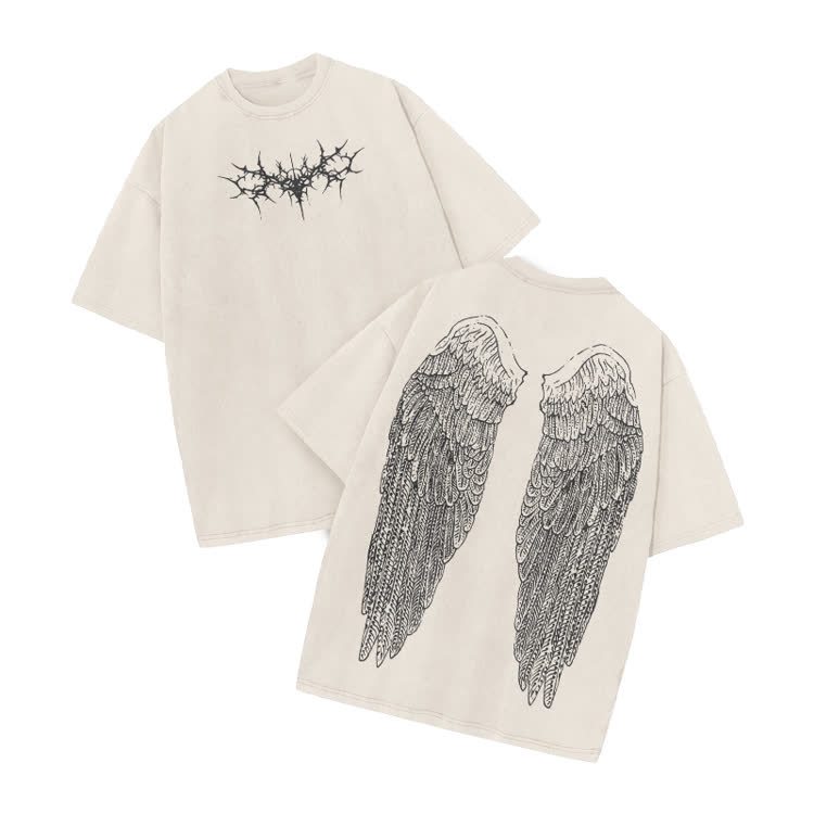 Vintage Angel Wings Graphic Print Acid Washed T-shirt - Beige - US20-22(3XL) - image 3