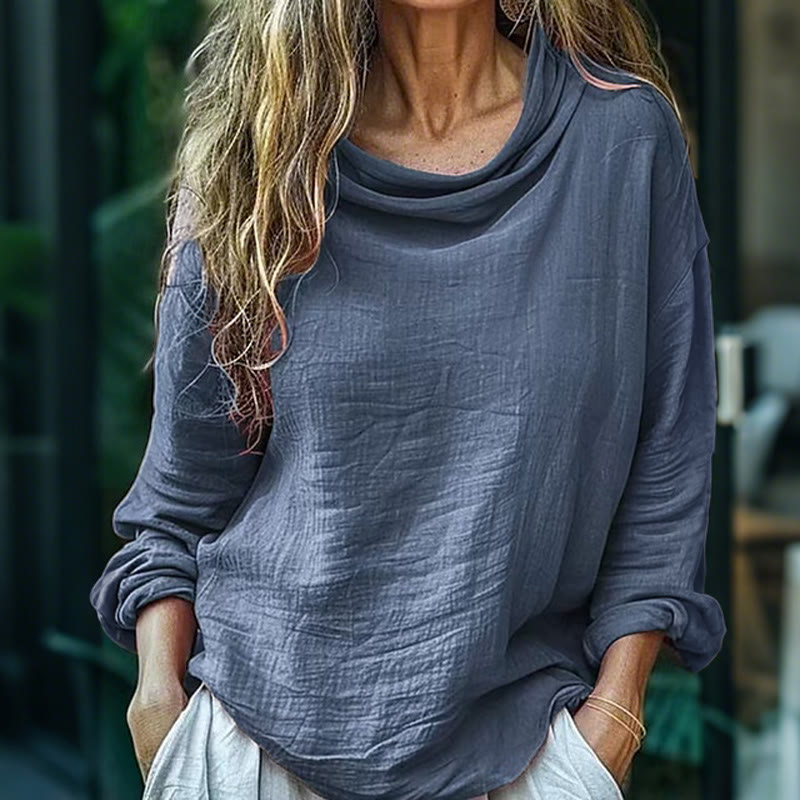 Women's Casual Loose Solid Color Pile Collar Long Sleeve Top - Blue - 3XL - image 3