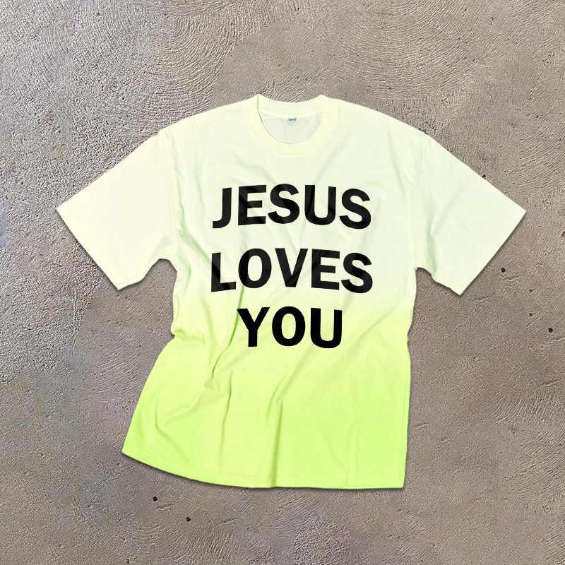 Unisex Jesus Loves You Print Ombre Acid Washed T-shirt - Yellow - US24-26(4XL) - image 4