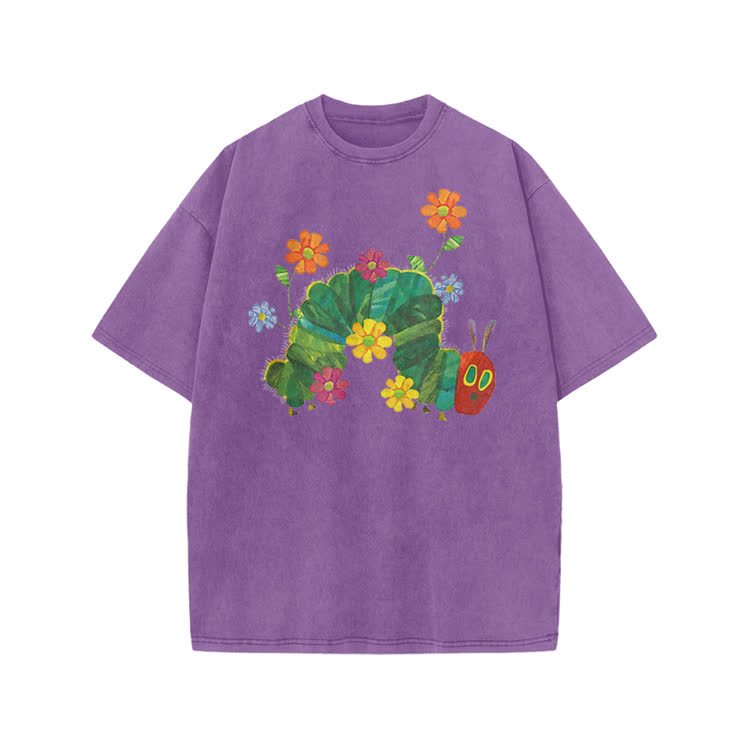 Playful Cartoon Floral Graphic Print Acid Washed T-Shirt - Purple - US20-22(3XL) - image 6