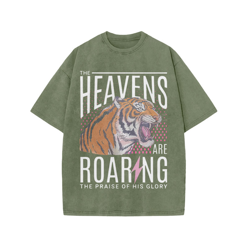 The Heavens Are Roaring The Praise Of His Glory Print Acid Washed T-shirt - Army Green - US20-22(3XL) - image 5