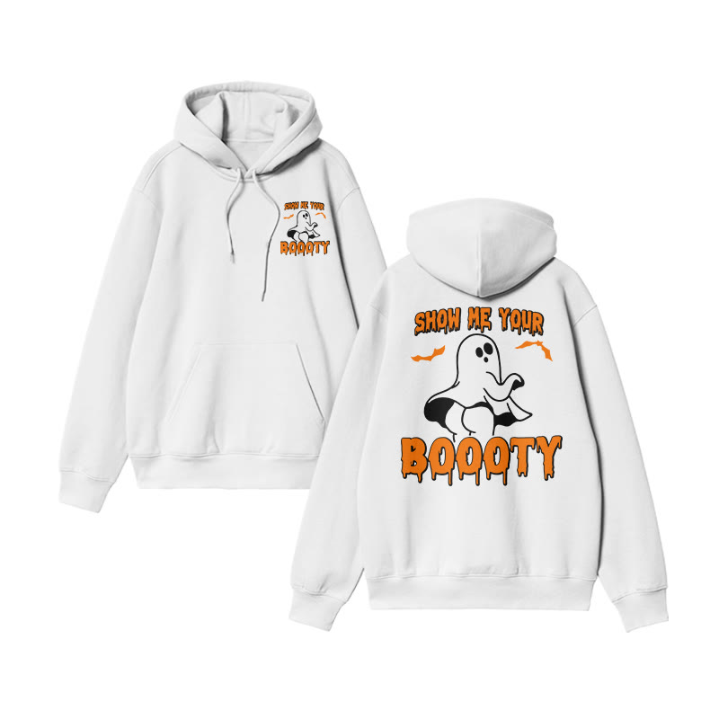 Unisex Show Me Your Boooty Funny Halloween Print Hoodie - White - US16-18(2XL) - image 3