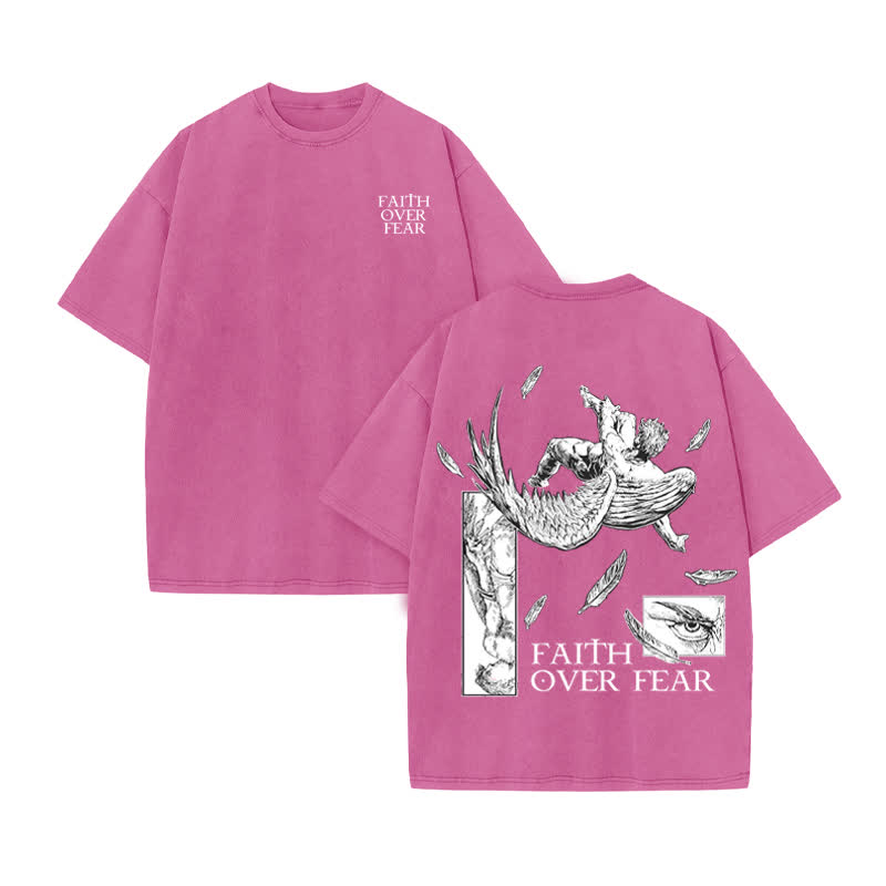 Unisex  Faith Over Fear Print Acid Washed T-shirt - Pink - US20-22(3XL) - image 8