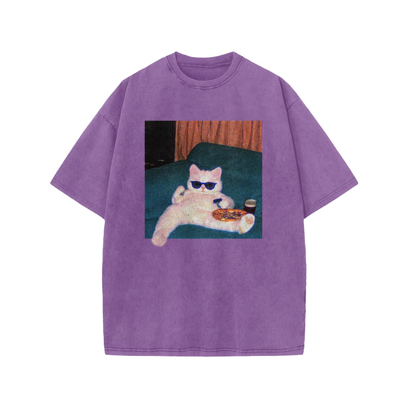 Unisex 100% Cotton Cool Cat Print Acid Washed T-shirt - Purple - US20-22(3XL) - image 9