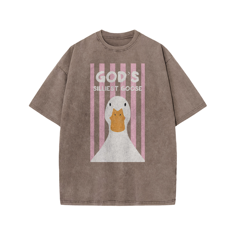 God's Silliest Goose Print Acid Washed T-shirt - Coffee - US20-22(3XL) - image 3