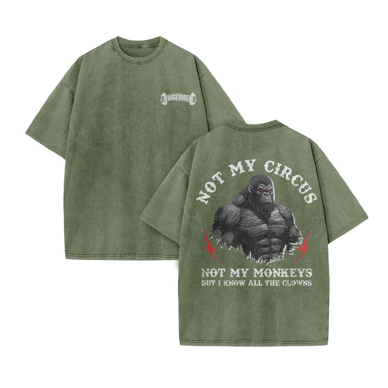 100% Cotton Not My Circus Gym Print Acid Washed T-shirt - Army Green - US20-22(3XL) - image 7