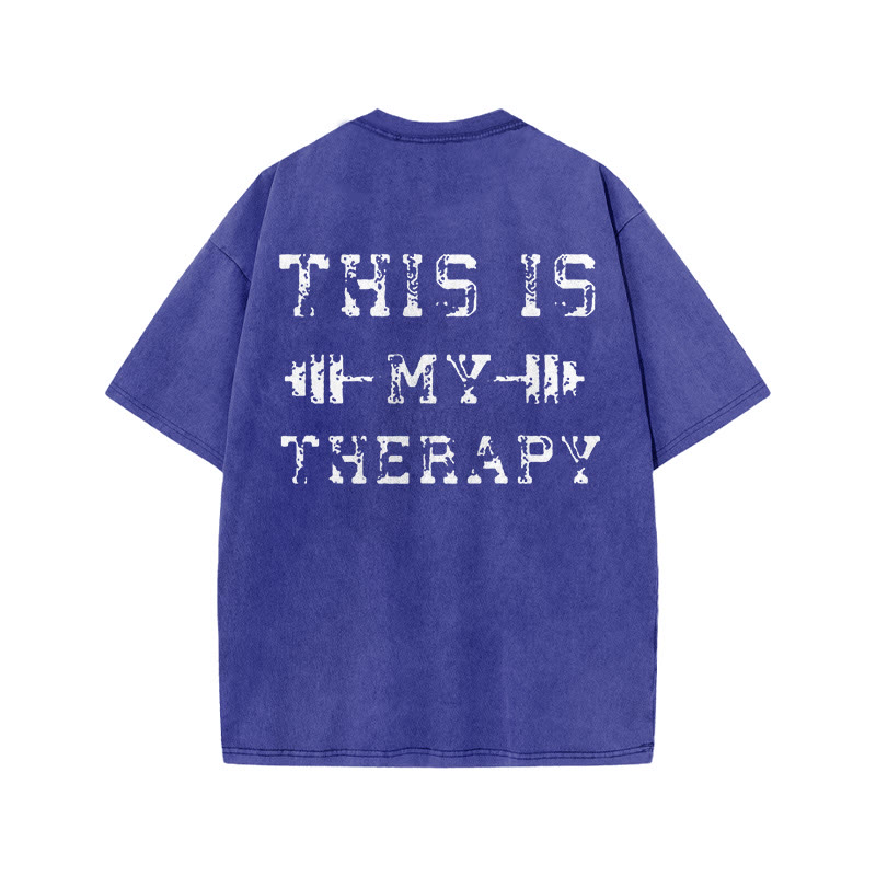 100% Cotton This  Is My Therapy Lift Gym Print Acid Washed T-shirt - Blue - US20-22(3XL) - image 7