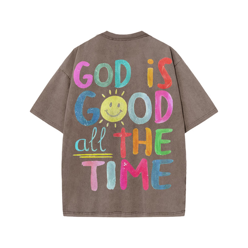 Unisex God Is Good All The Time Print Acid Washed T-shirt - Coffee - US20-22(3XL) - image 4