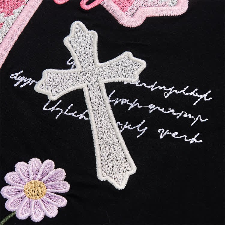 Casual Floral Script and cross Embroidered Round Neck T-Shirt - image 15